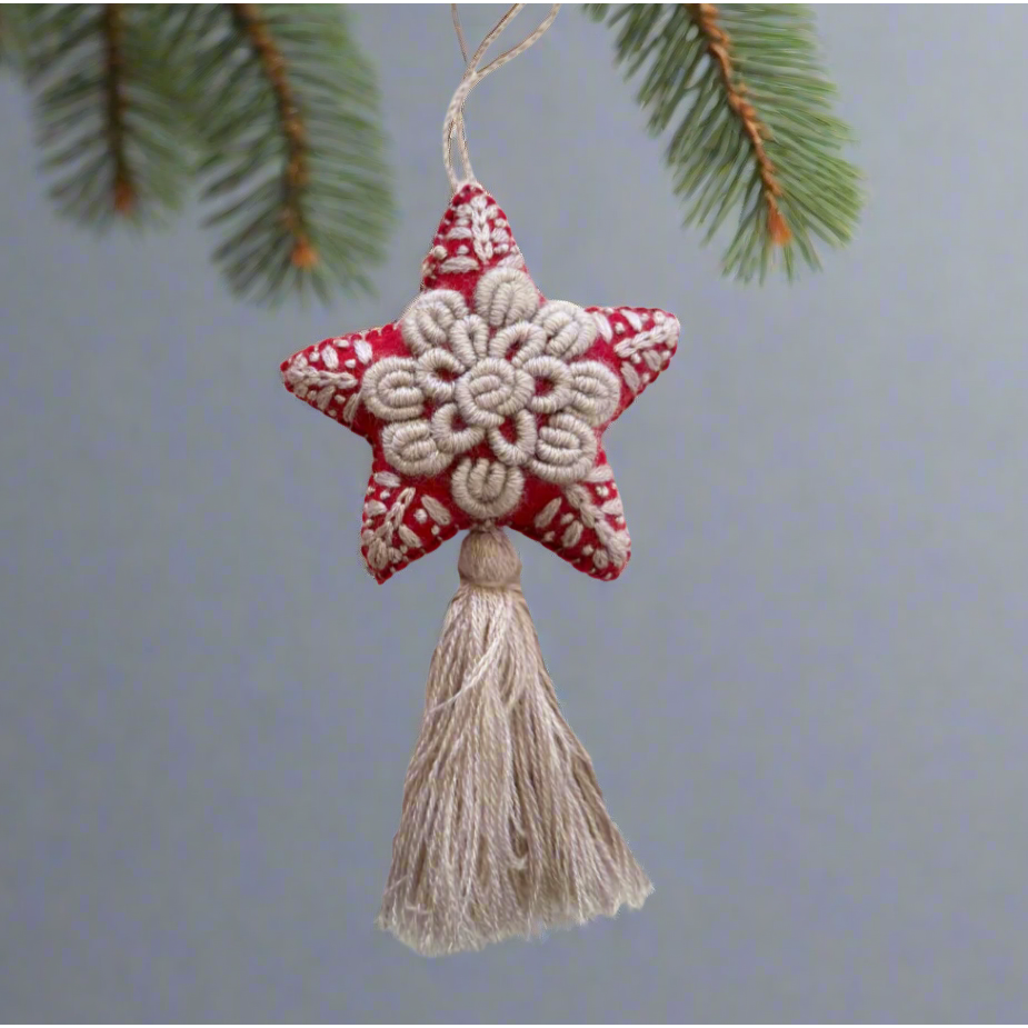 Red Star Embroidered Felted Wool Handmade Ornament - Mexico
