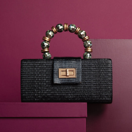 THE SERENA Black Clutch with Shell Inlay Bead Handle