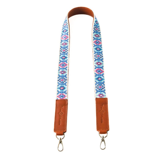 Mai Woven Bag Strap - Blue & Pink with Leather