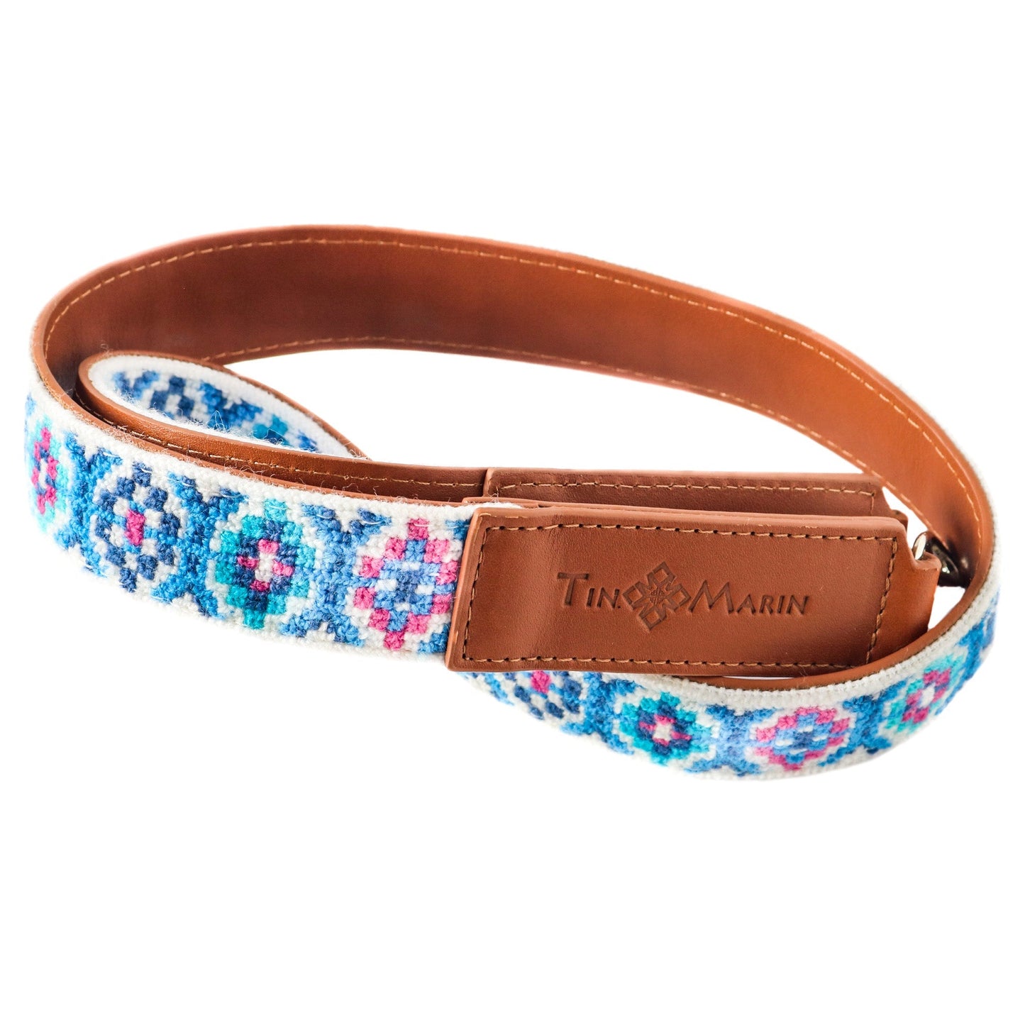 Mai Woven Bag Strap - Blue & Pink with Leather
