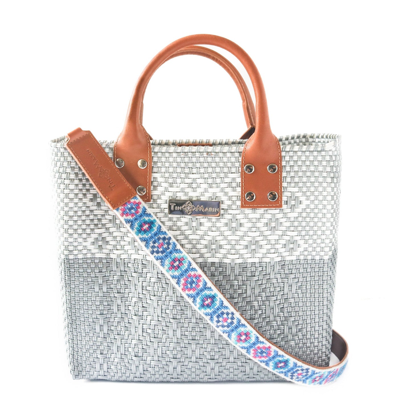 Mai Woven Bag Strap - Blue & Pink with Leather
