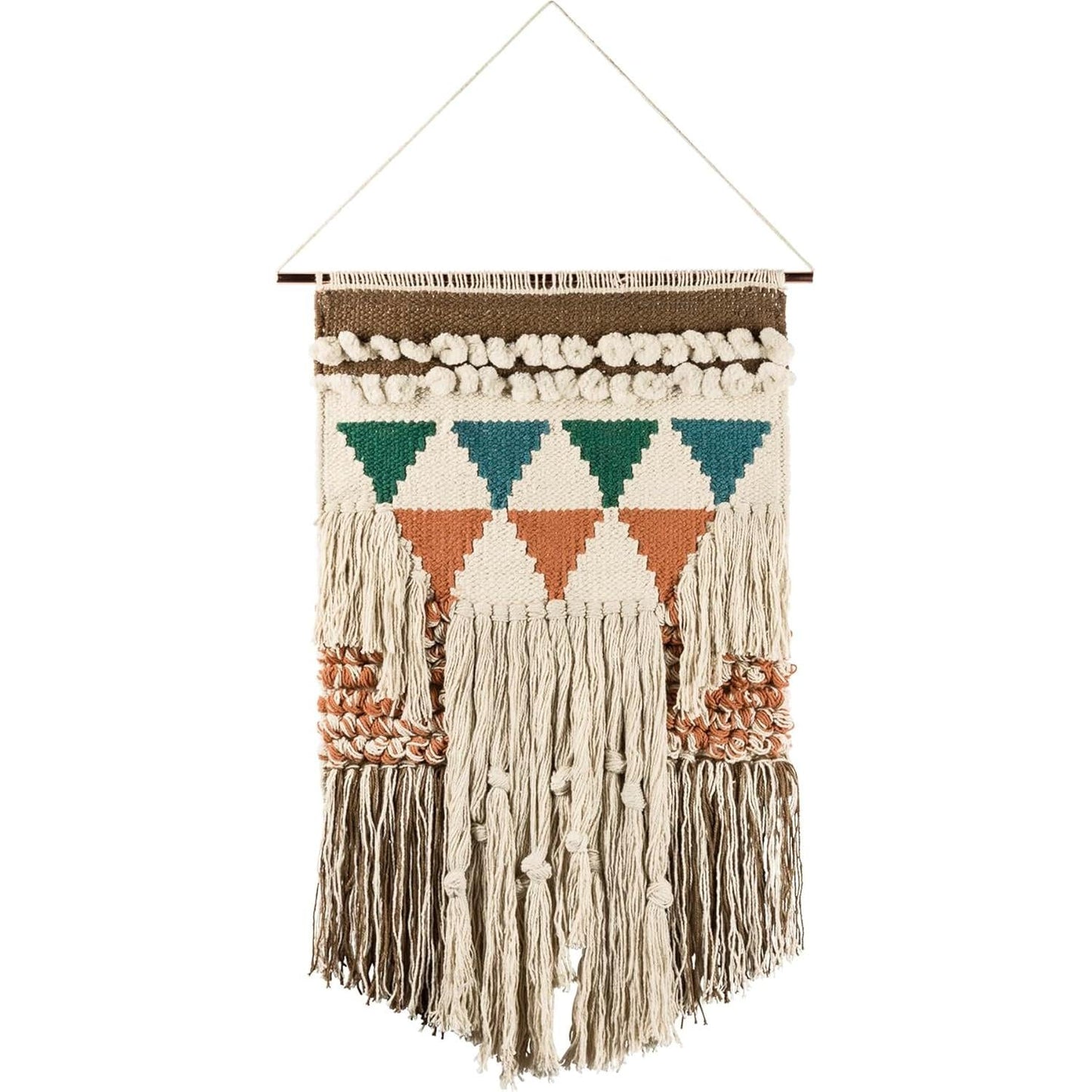 Bohemia Wall Hanging Decor | Boho Geometric Woven Textile with Layered Fringe & Copper Bar | 14" x 24"