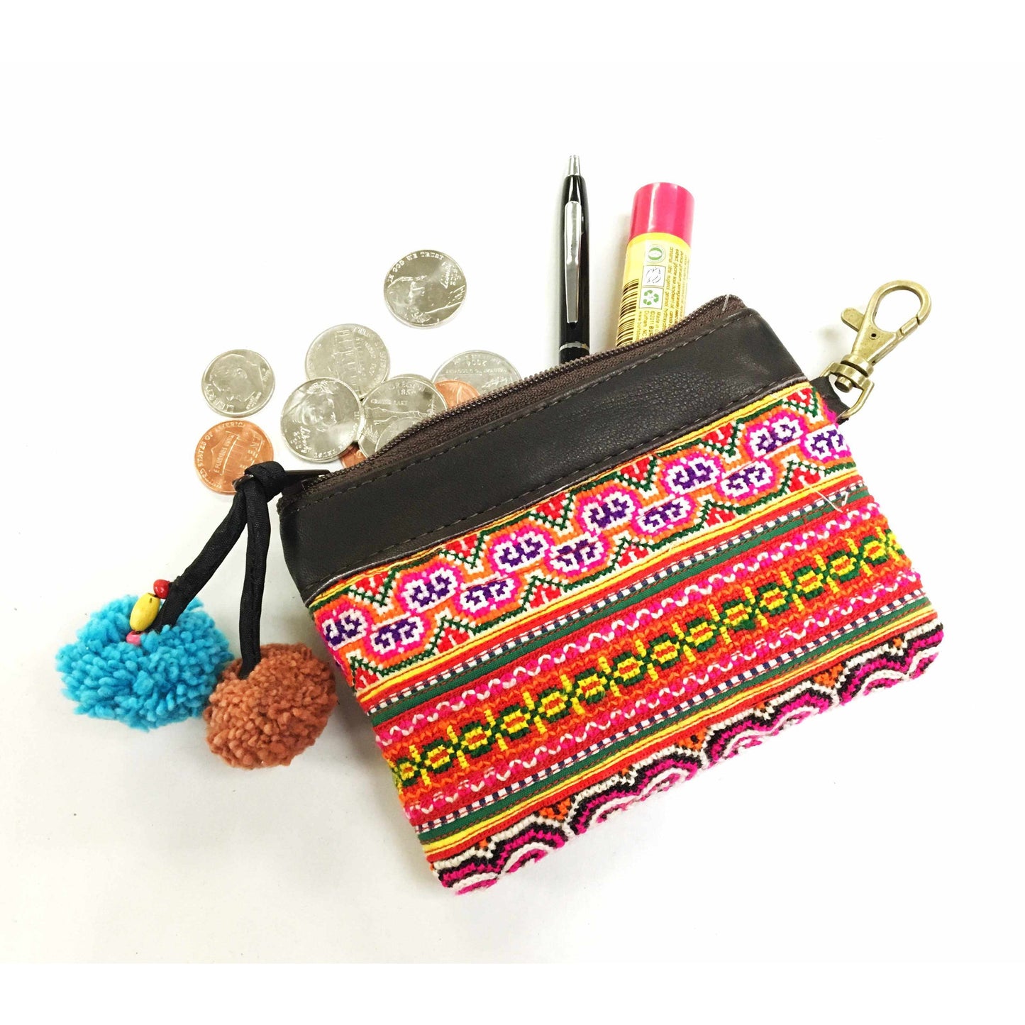 Leather Vintage Upcycled Hmong Textile Coin Purse - Thailand