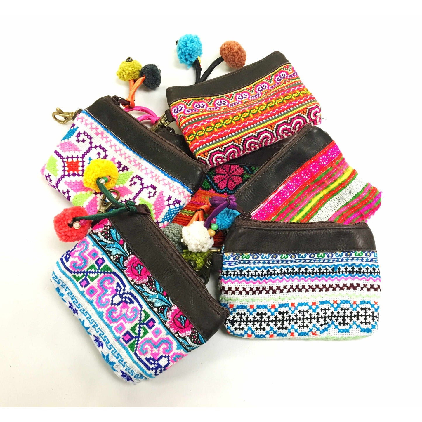 Leather Vintage Upcycled Hmong Textile Coin Purse - Thailand