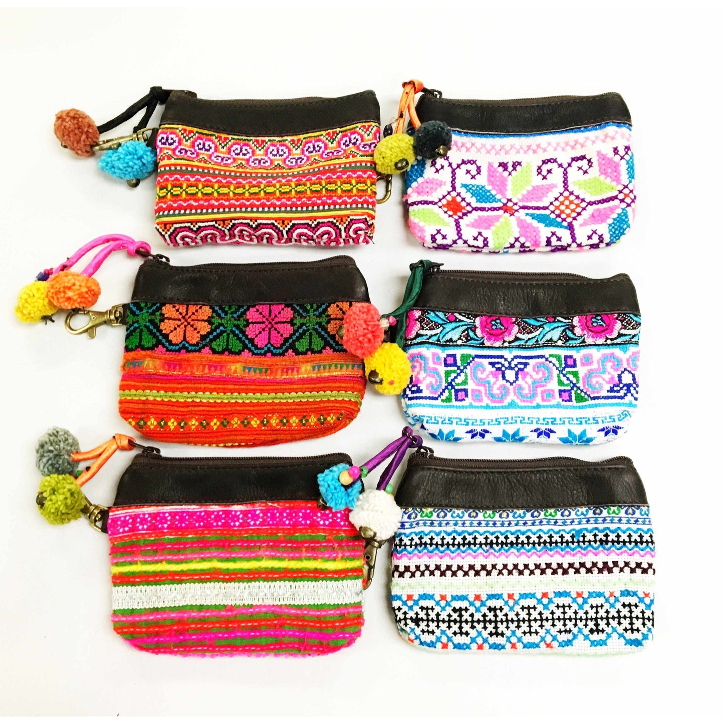 Leather Vintage Upcycled Hmong Textile Coin Purse - Thailand