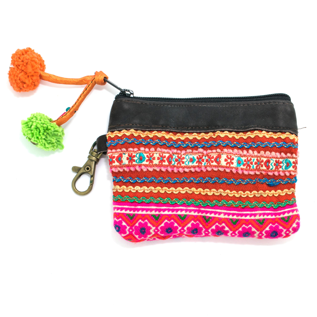 Leather Vintage Upcycled Hmong Textile Coin Purse - Thailand