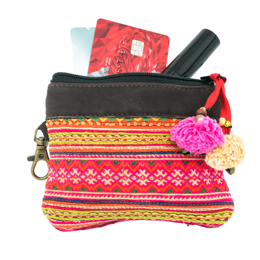 Leather Vintage Upcycled Hmong Textile Coin Purse - Thailand