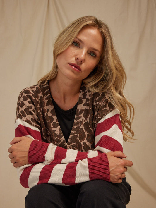 Cicely Print Stripe Mix Sweater Knit Cardigan