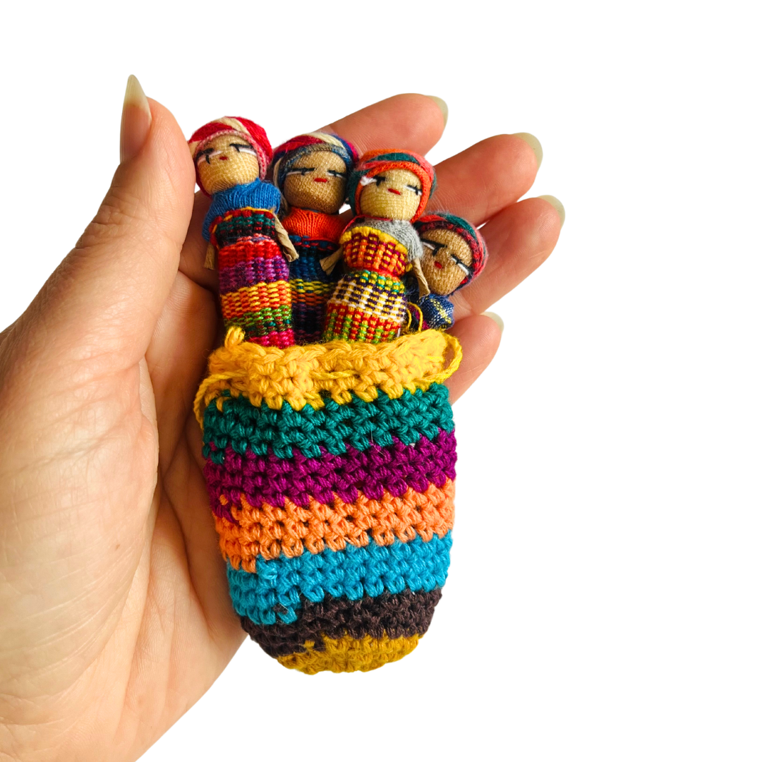 Worry Doll Crochet Pouch with Four Dolls - Guatemala