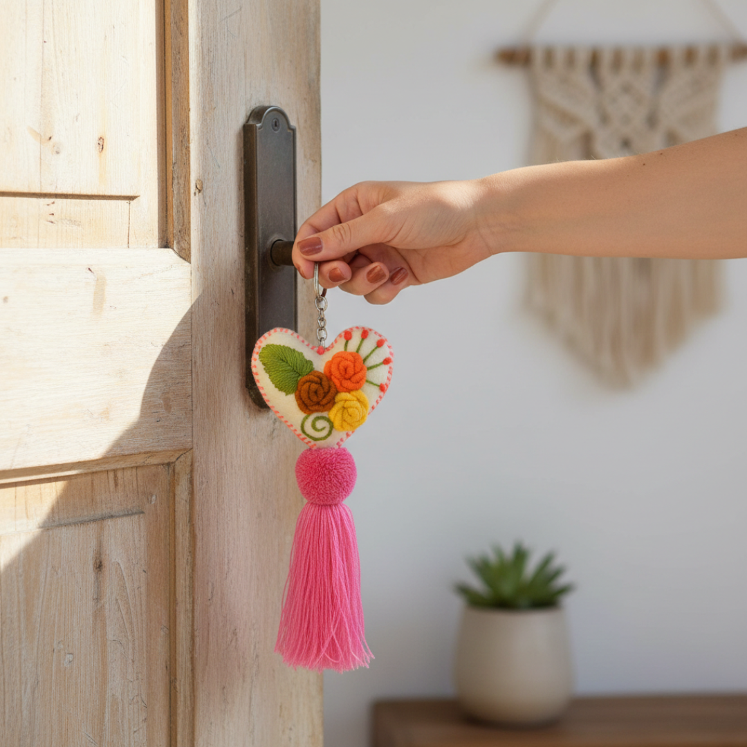 Rapture Embroidered Heart Love Handmade Key Chain | Zipper Pull - Mexico