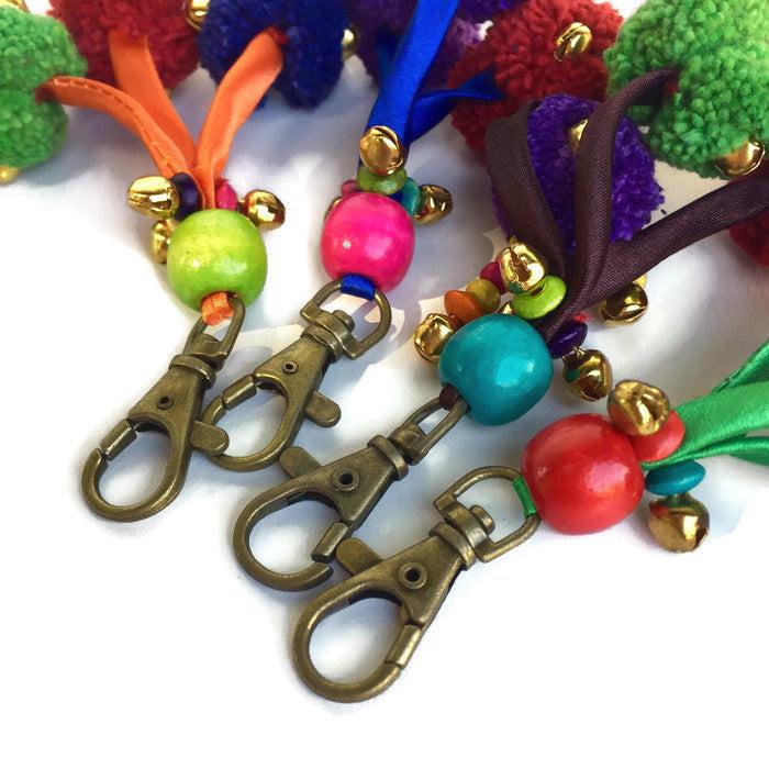 Triple Pom Pom Keychain | Handmade Zipper Pull with Beads | Thailand