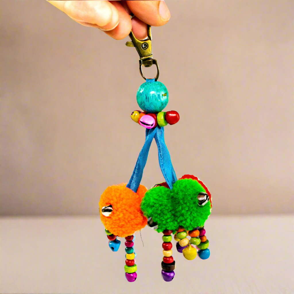 Triple Pom Pom Keychain | Handmade Zipper Pull with Beads | Thailand
