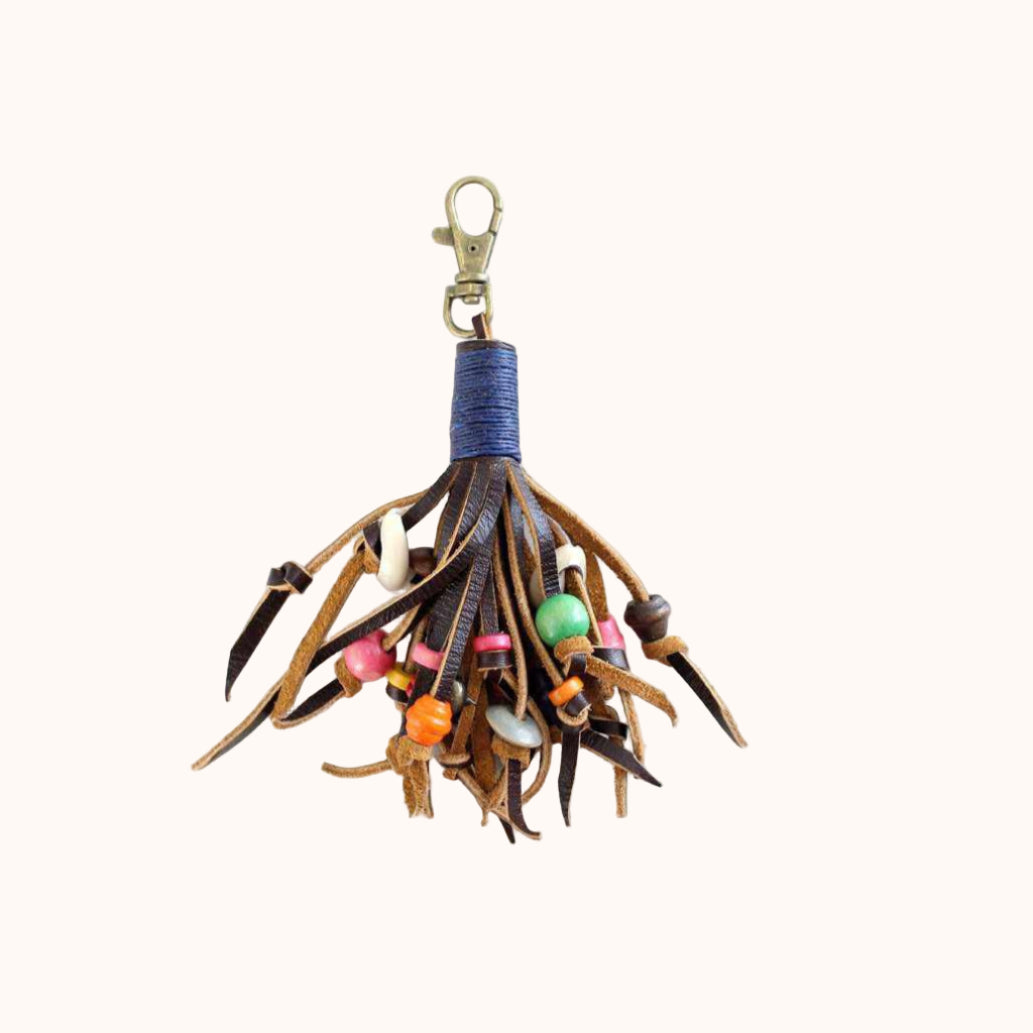 Lotus Beaded Boho Leather Tassel Charm | Zipper Pull | Handmade in Thailand