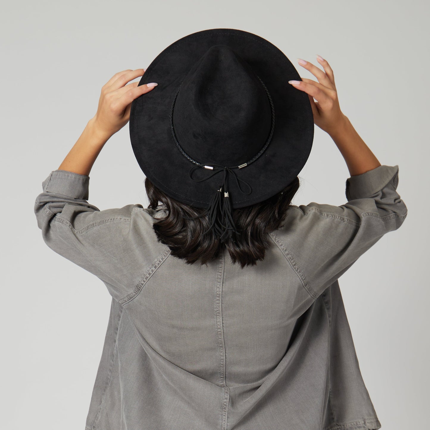 Faux Suede Fedora With Tassel Back Bow