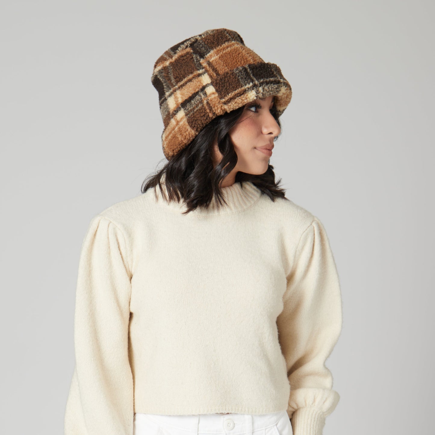 Helen - Cut & Sew Printed Plaid Sherpa Cap W/ Cuff