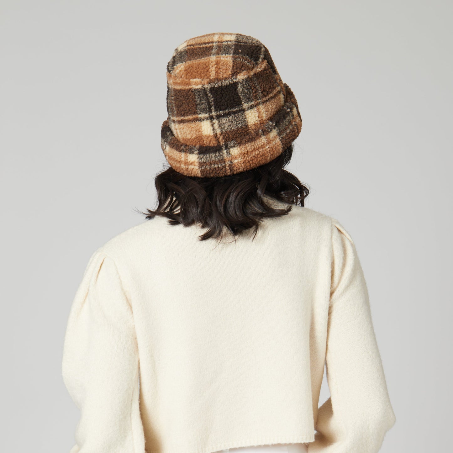 Helen - Cut & Sew Printed Plaid Sherpa Cap W/ Cuff