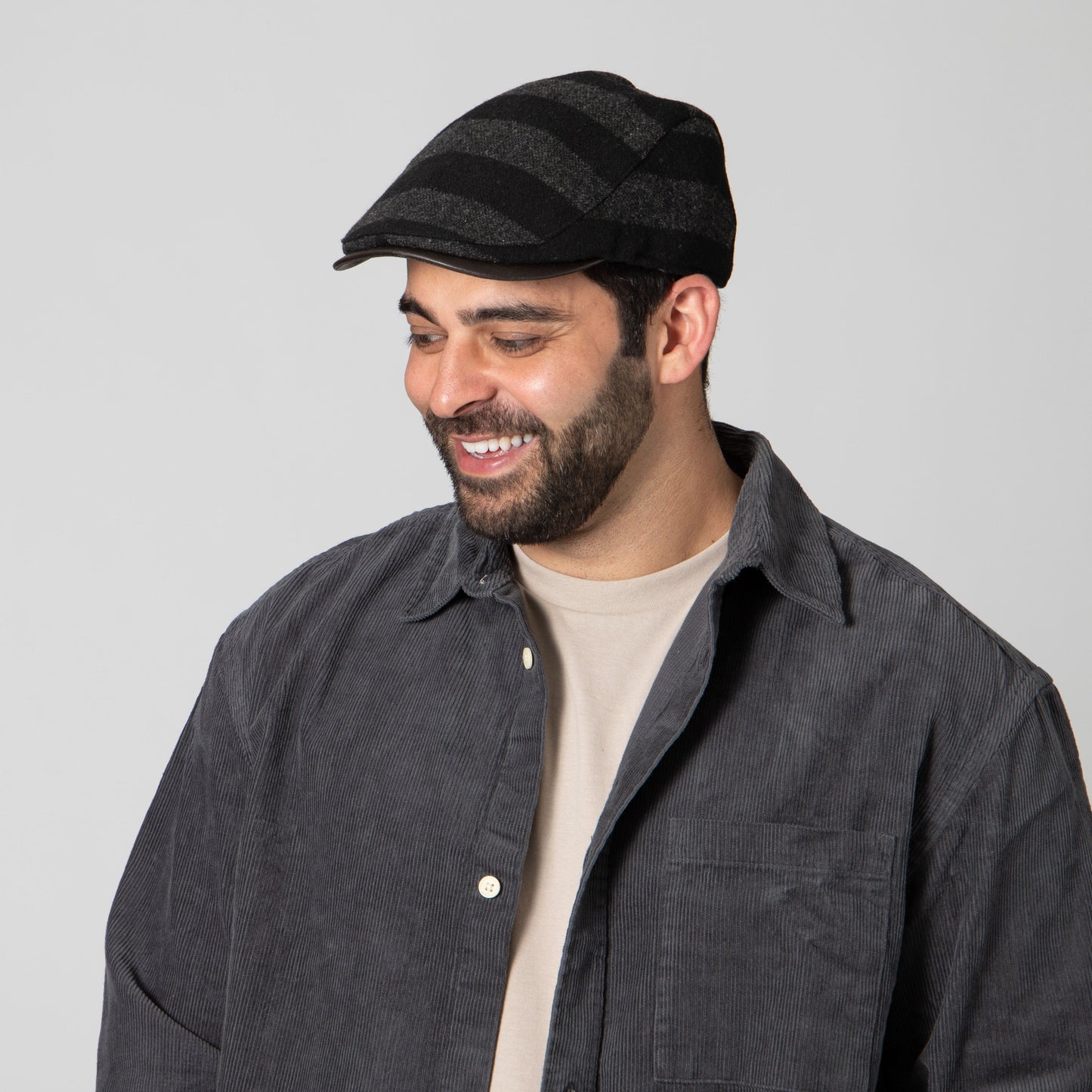 Men's Cut & Sew Striped Wool Driver w/Leather Brim