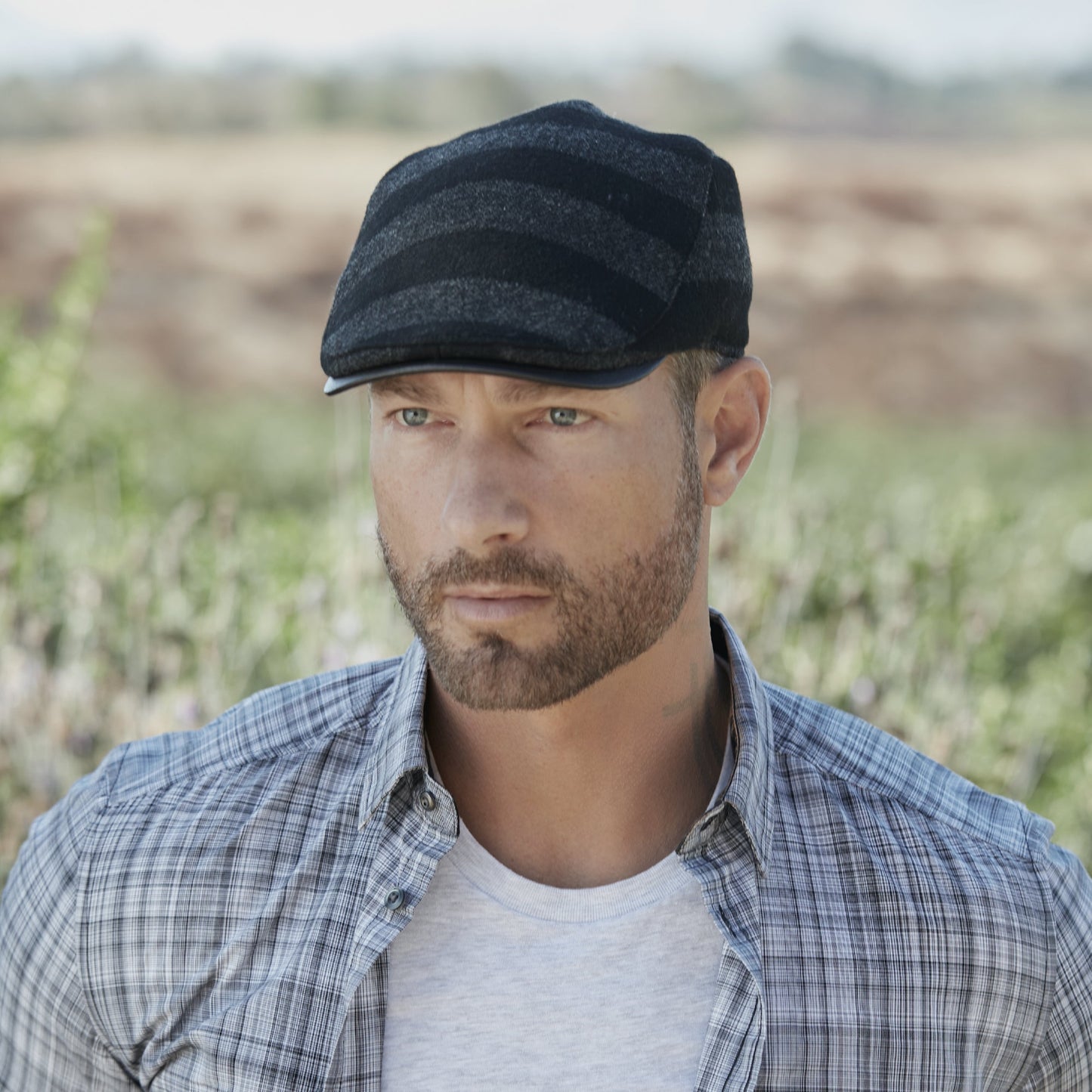 Men's Cut & Sew Striped Wool Driver w/Leather Brim