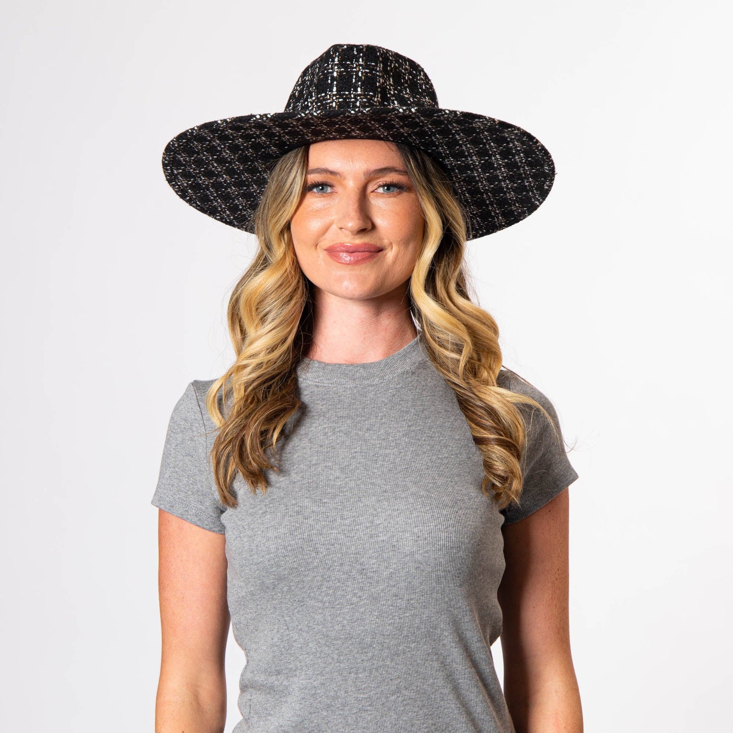 Aria - Wide Brim Fedora with Textured Mixed Tweed Fabric