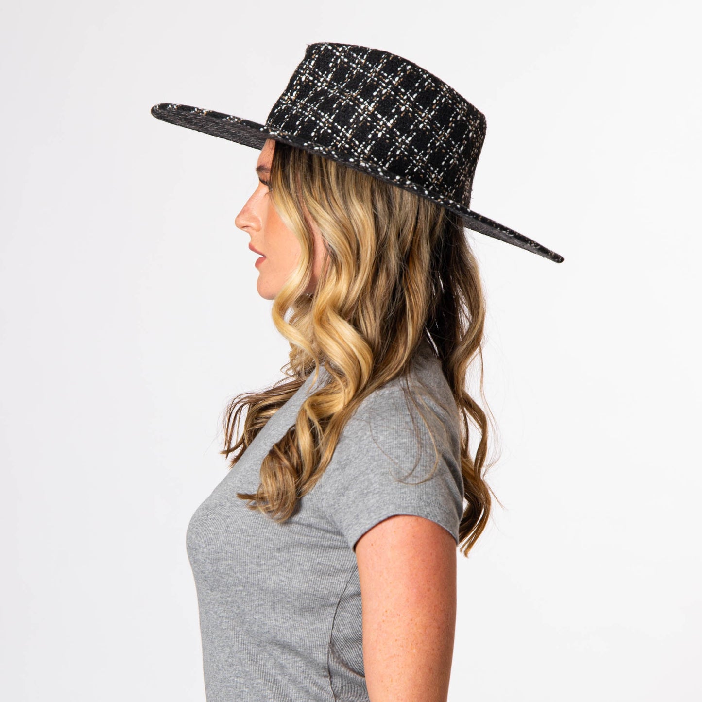 Aria - Wide Brim Fedora with Textured Mixed Tweed Fabric