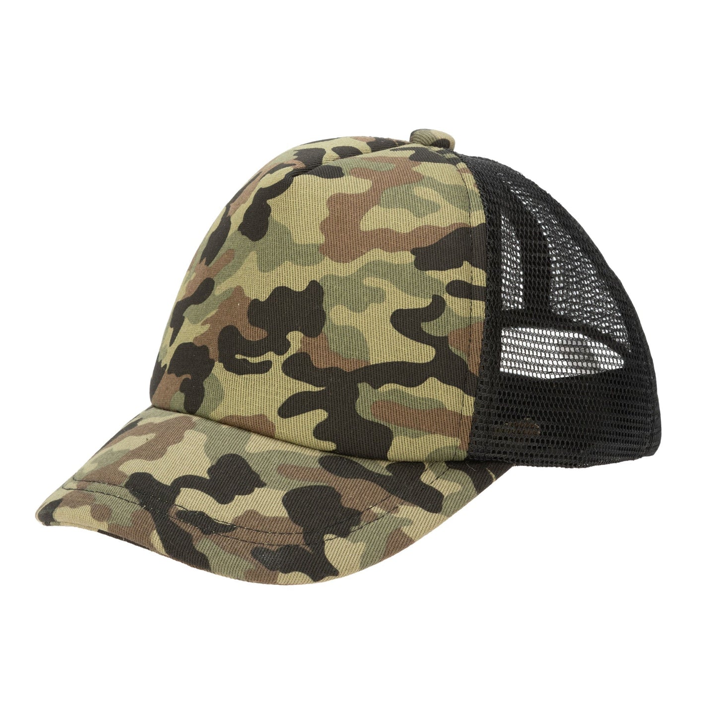 Camo Cut & Sew Trucker Hat with All Over Camo Print and Mesh Backing