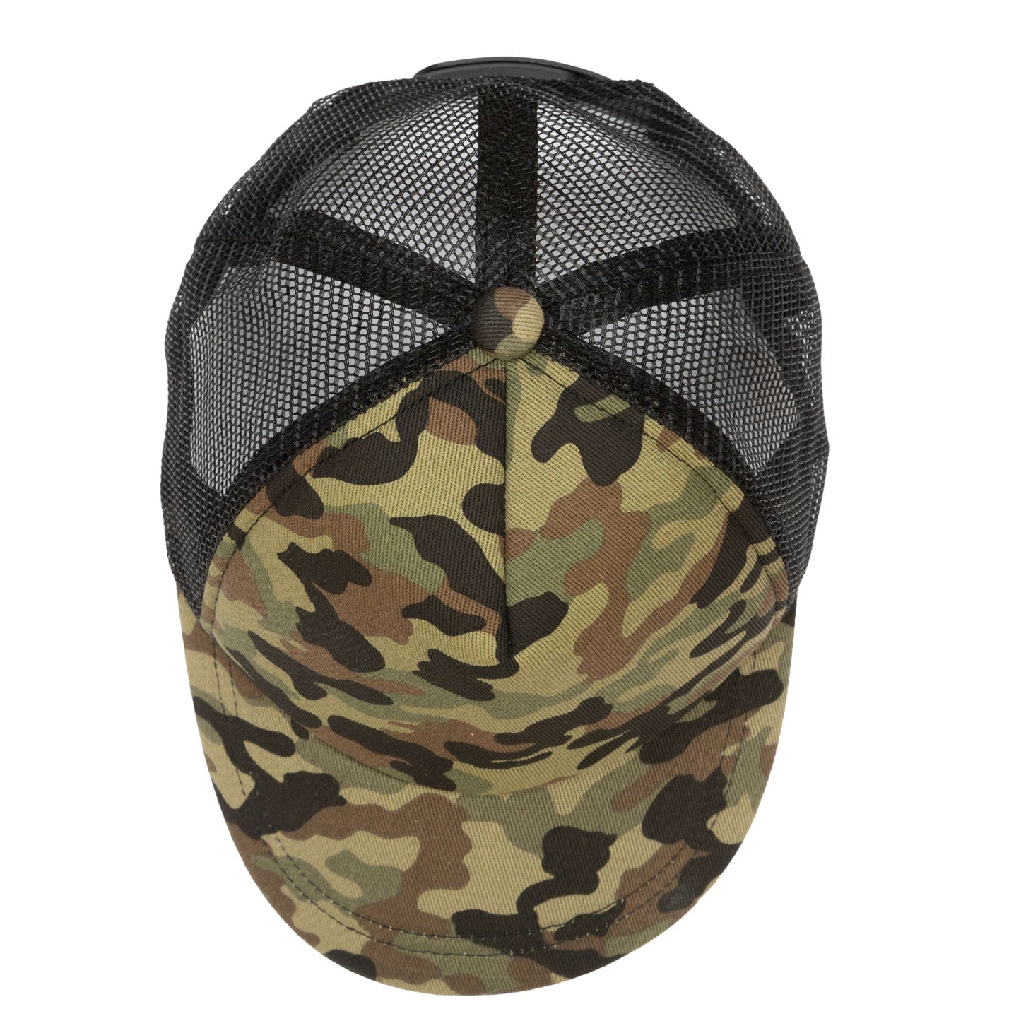 Camo Cut & Sew Trucker Hat with All Over Camo Print and Mesh Backing