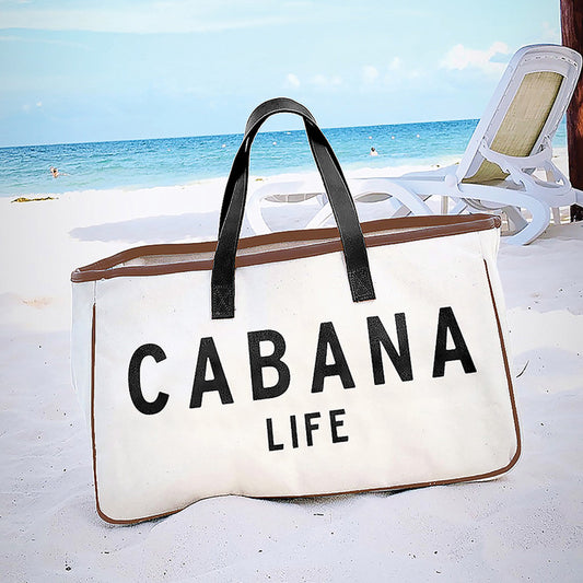 Cabana Life Canvas Rectangular Tote | Genuine Leather Handles Carry-all Beach Bag | 20" x 11"
