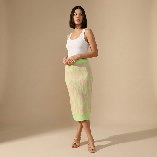 Cactus Knit Midi Skirt | Green Intarsia Cactus Sweater Skirt | Boho Desert Knit Skirt