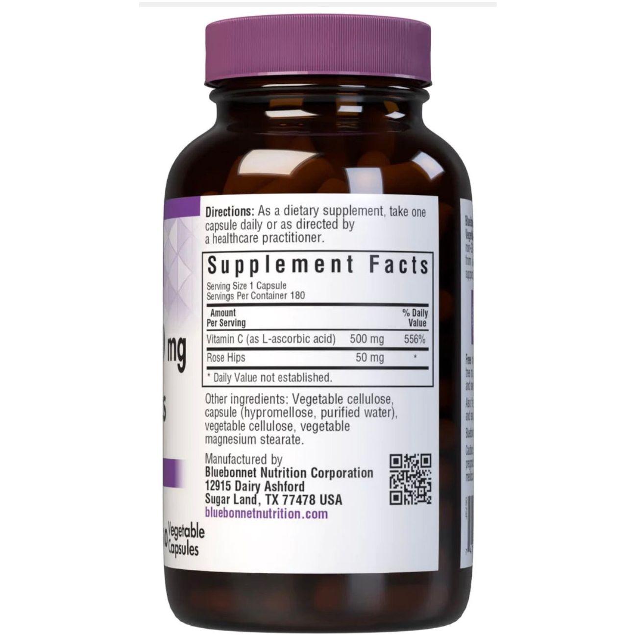 Bluebonnets Vitamin C-500 mg Plus Rose Hips 180 Vegetable Capsules