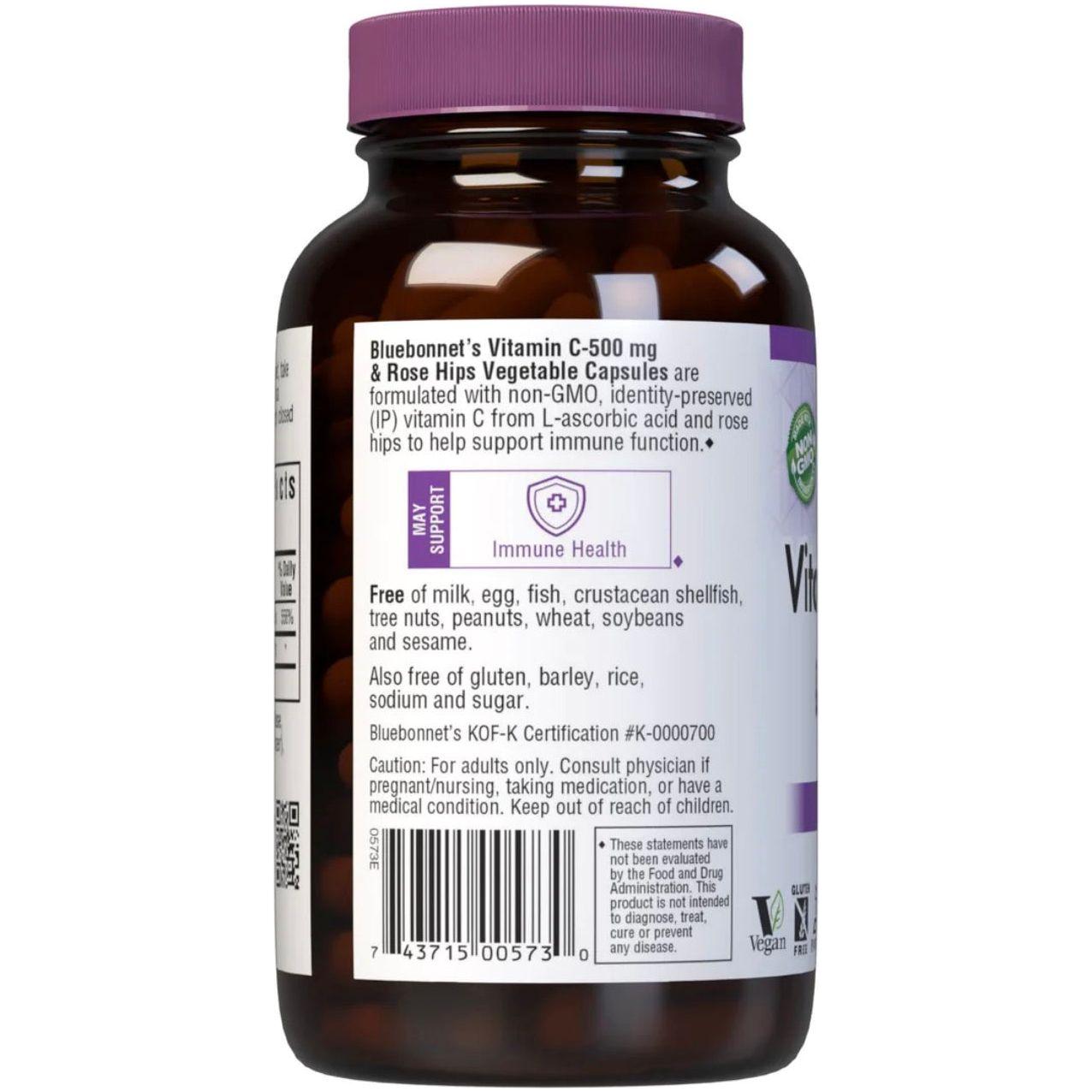 Bluebonnets Vitamin C-500 mg Plus Rose Hips 180 Vegetable Capsules