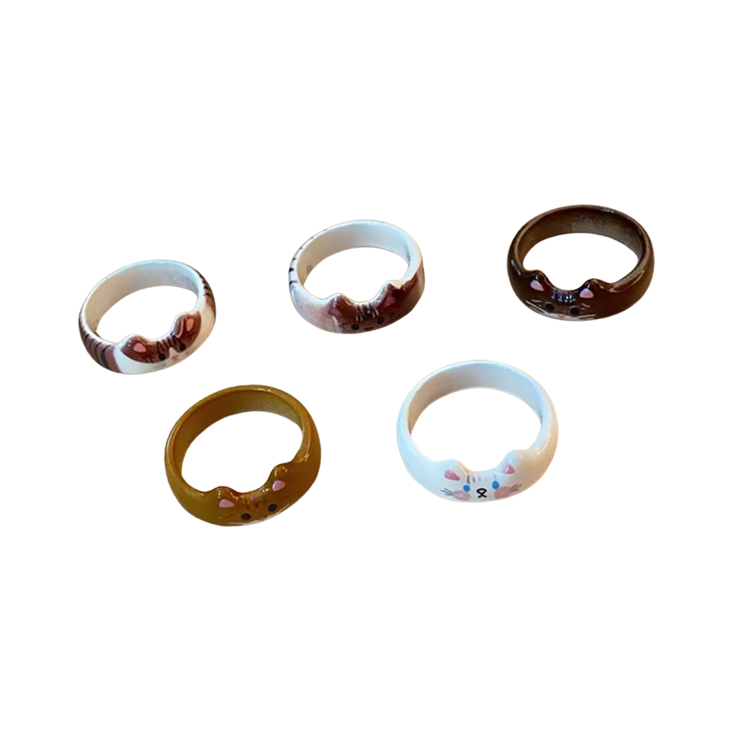 Cat Rings Set of 5 | Sculpted Peeking Cat Face Rings | Brown, White, Black & Calico | Size 7