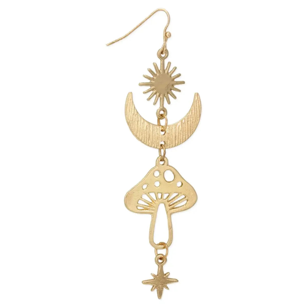 Celestial Magical Mushroom Gold Hook Earrings | 3" x 1" Gold Earrings