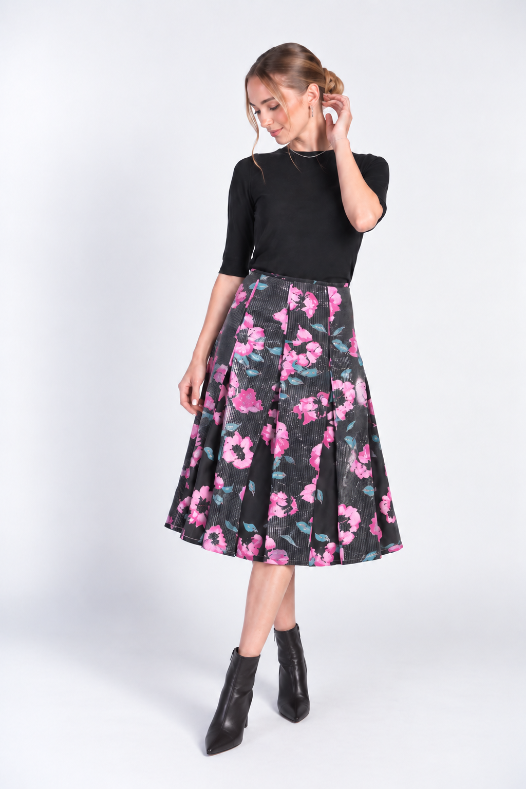 Sequined Panel Skirt- Pink Blooms on Black