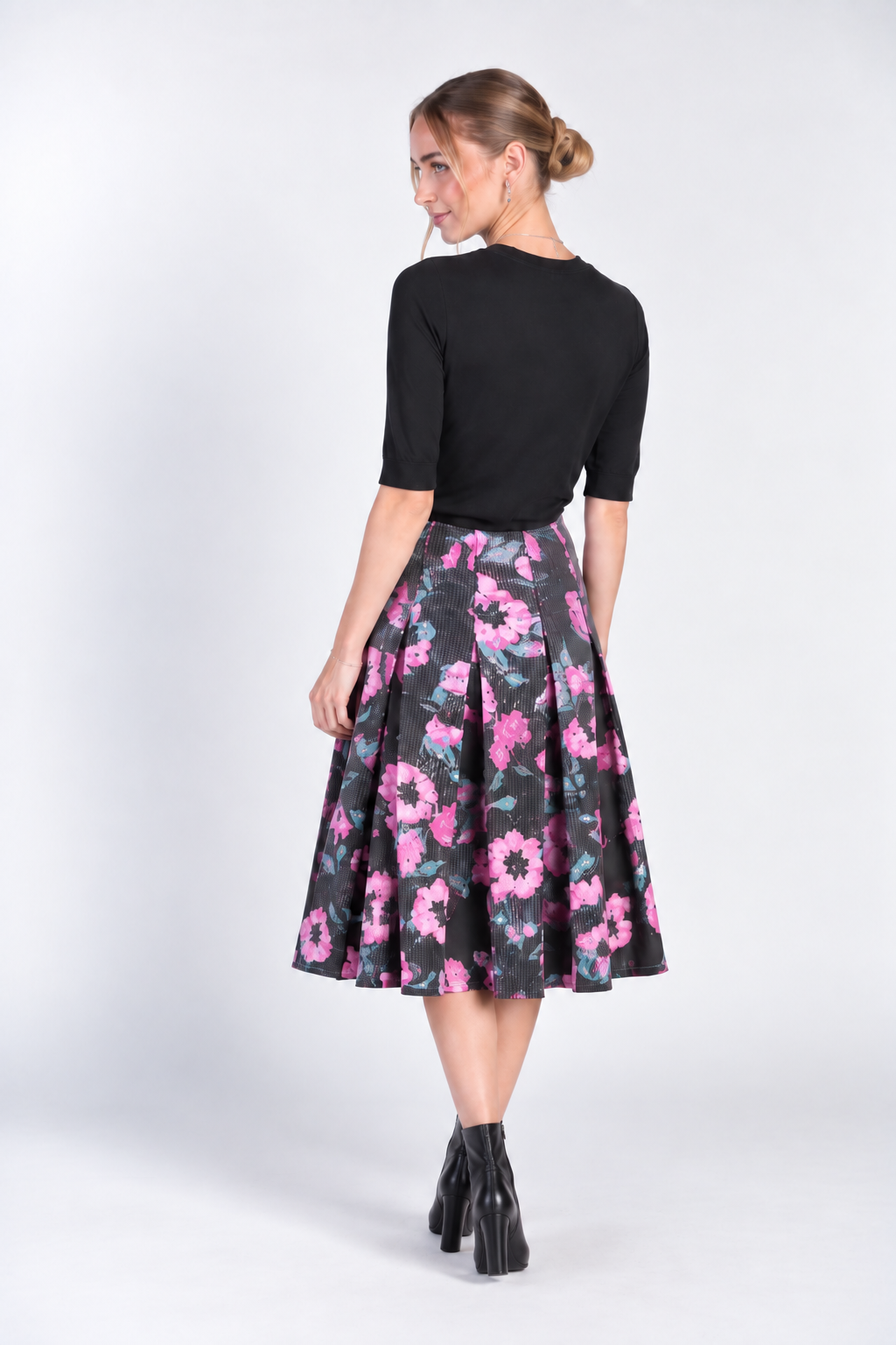 Sequined Panel Skirt- Pink Blooms on Black