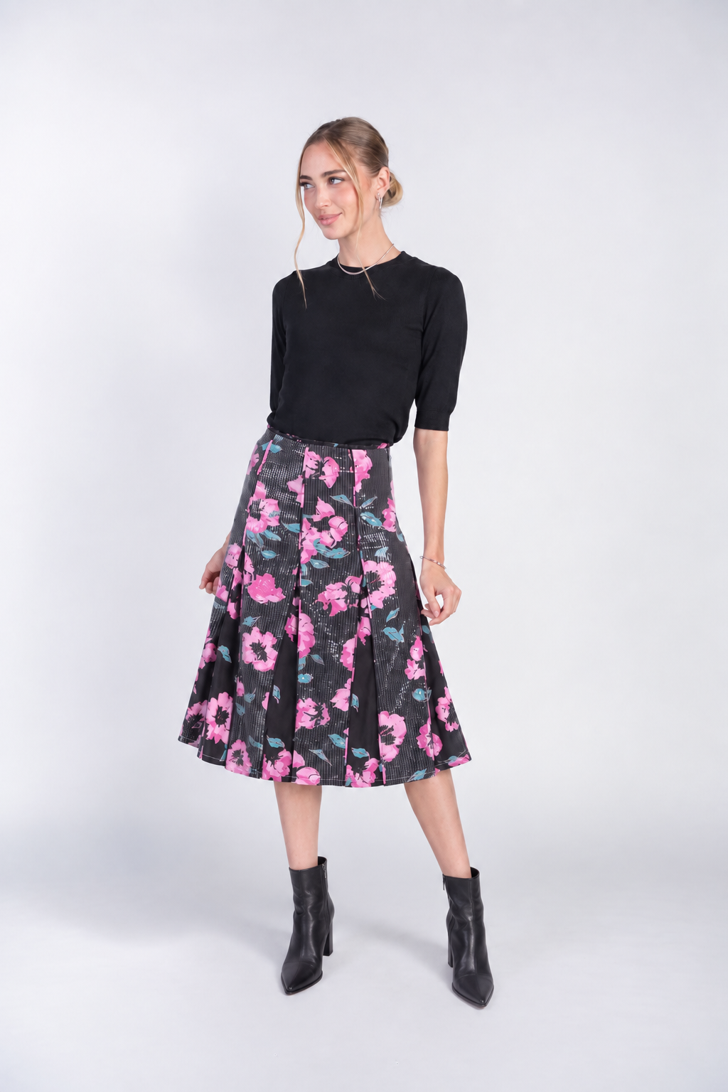 Sequined Panel Skirt- Pink Blooms on Black