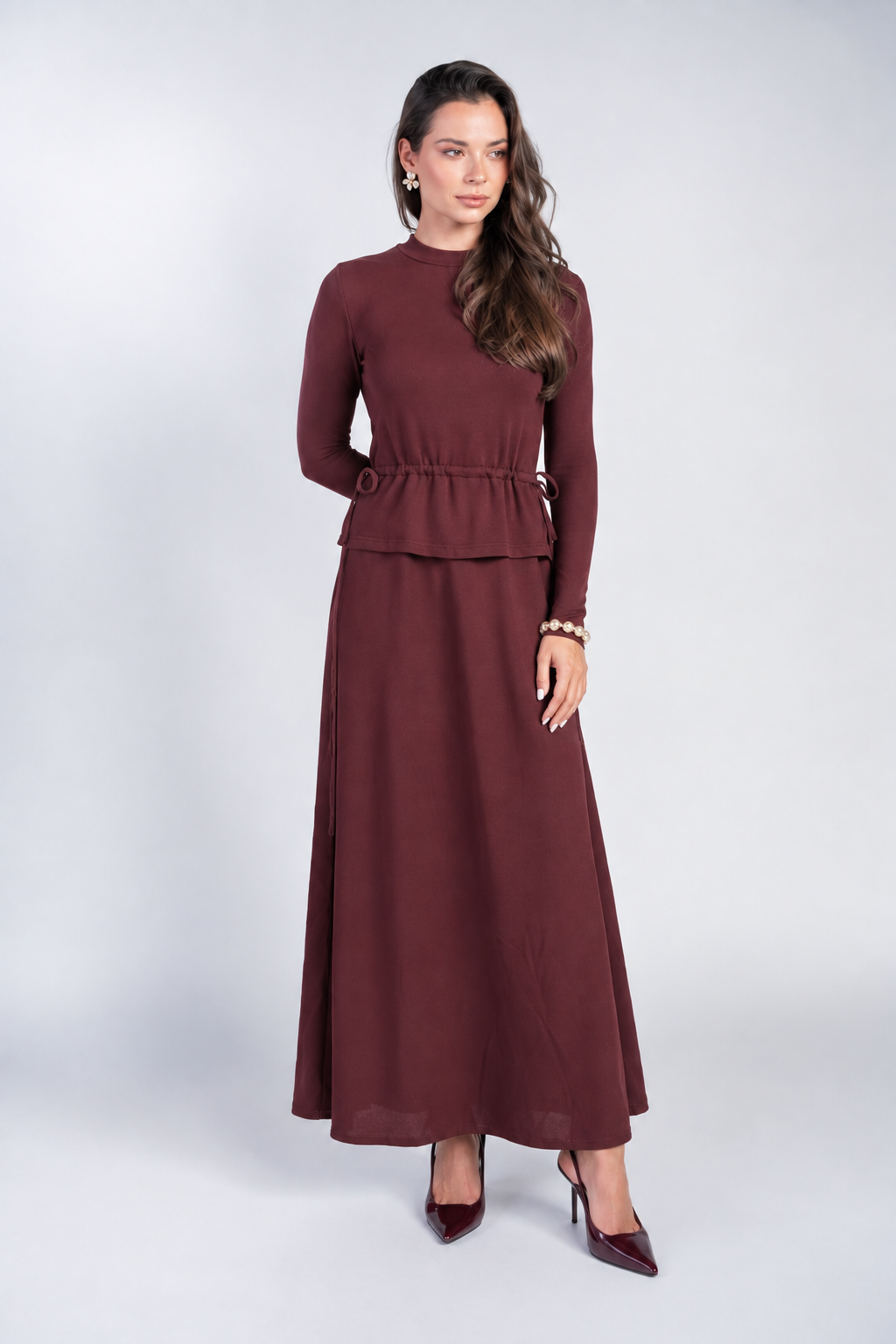 Mix Media Dress with Side Pulls- Burgundy