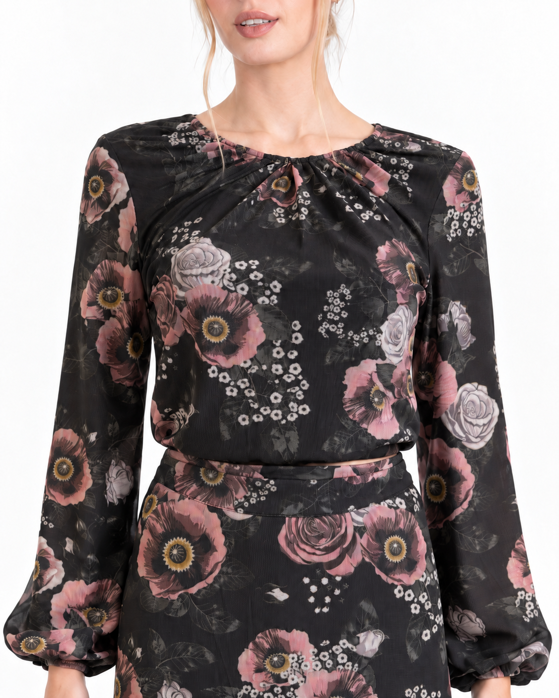 Debbie Top- Pink Flowers on Black
