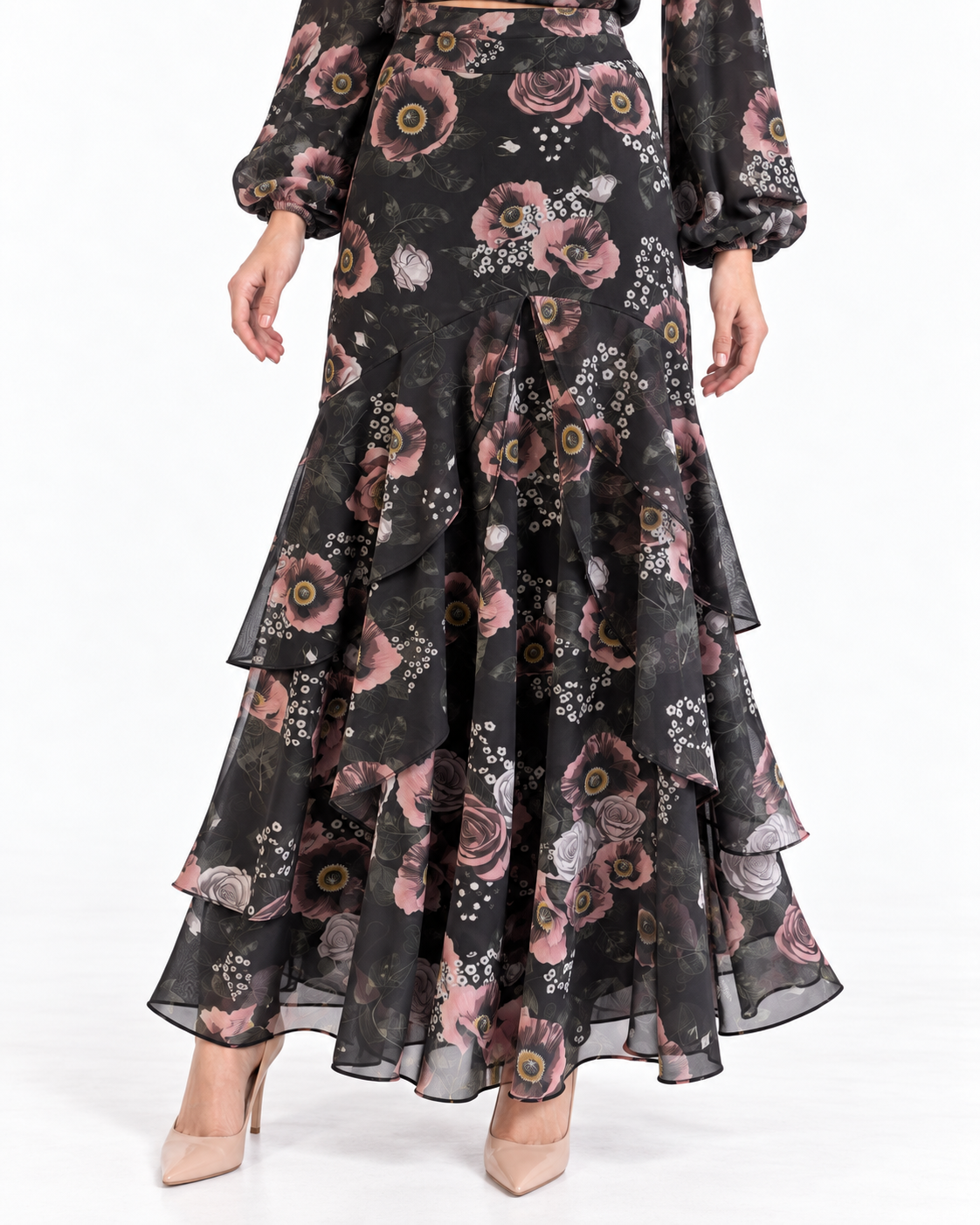 Jodi Skirt- Pink Flowers on Black