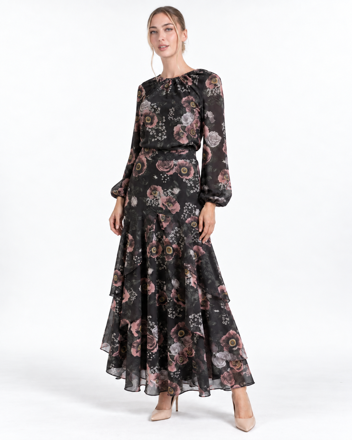 Jodi Skirt- Pink Flowers on Black