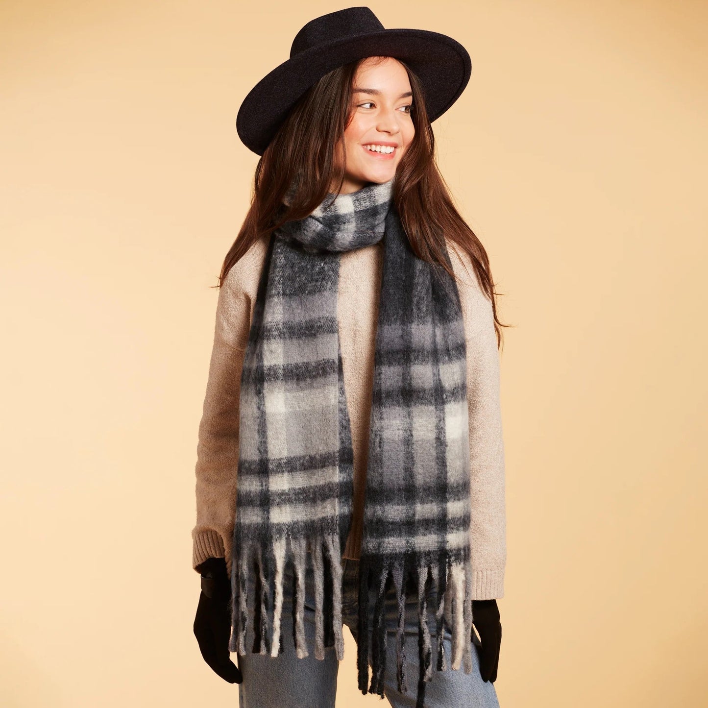Cozy Plaid Fringe Gray Scarf | Mens / Unisex Winter Classic Plaid Pattern Scarf | 86" x 15"