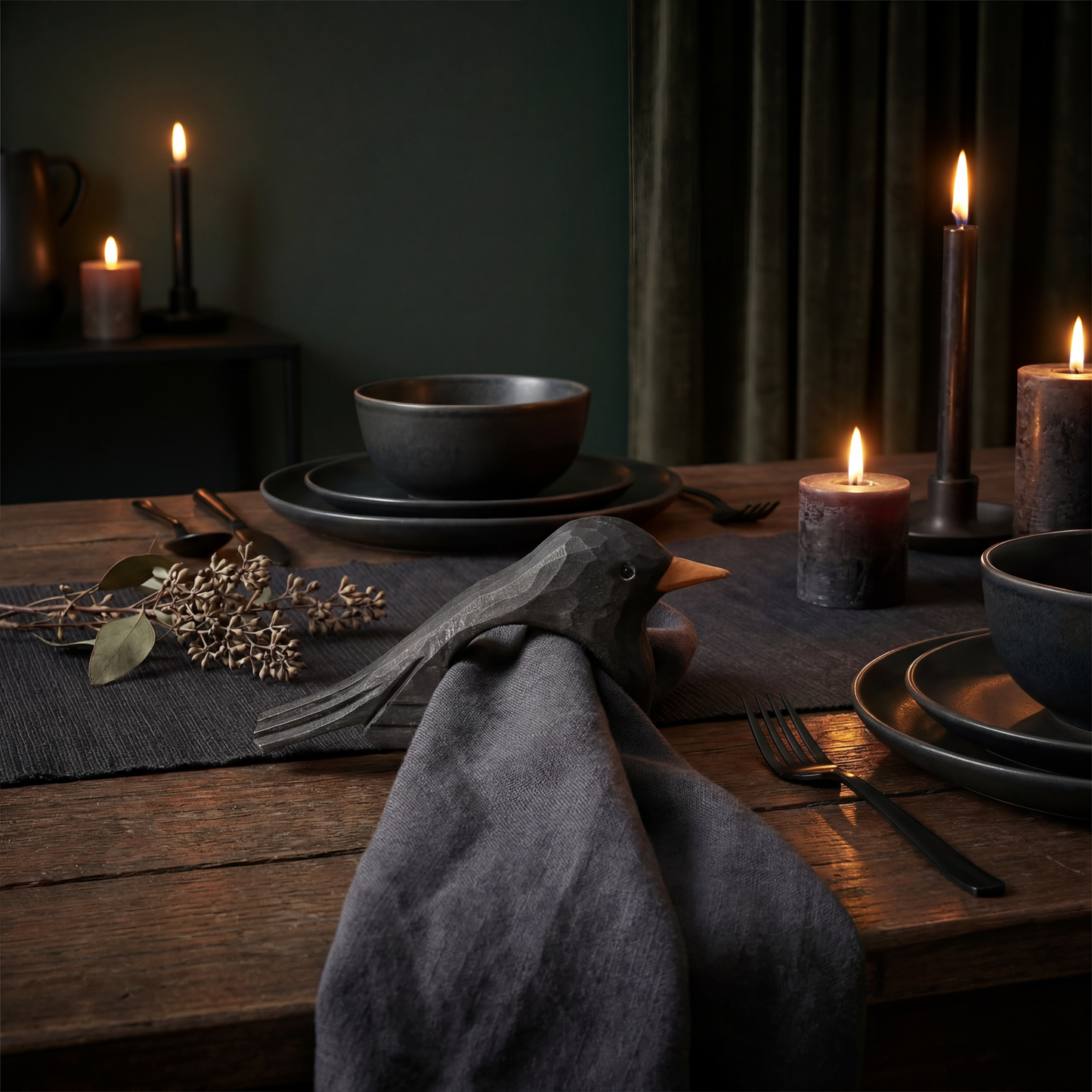 Crow Napkin Ring | Wooden Sculpted Black Bird Serviette Ring Table Napkin Holder | 4" x 2.75"