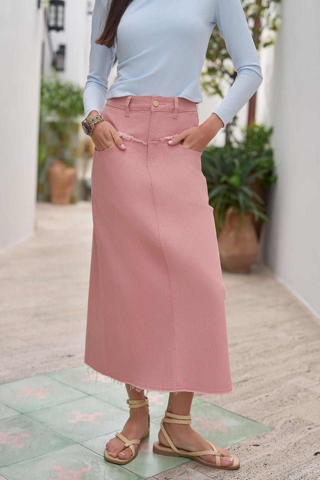 Fray Detail Denim Skirt- Peachy Pink
