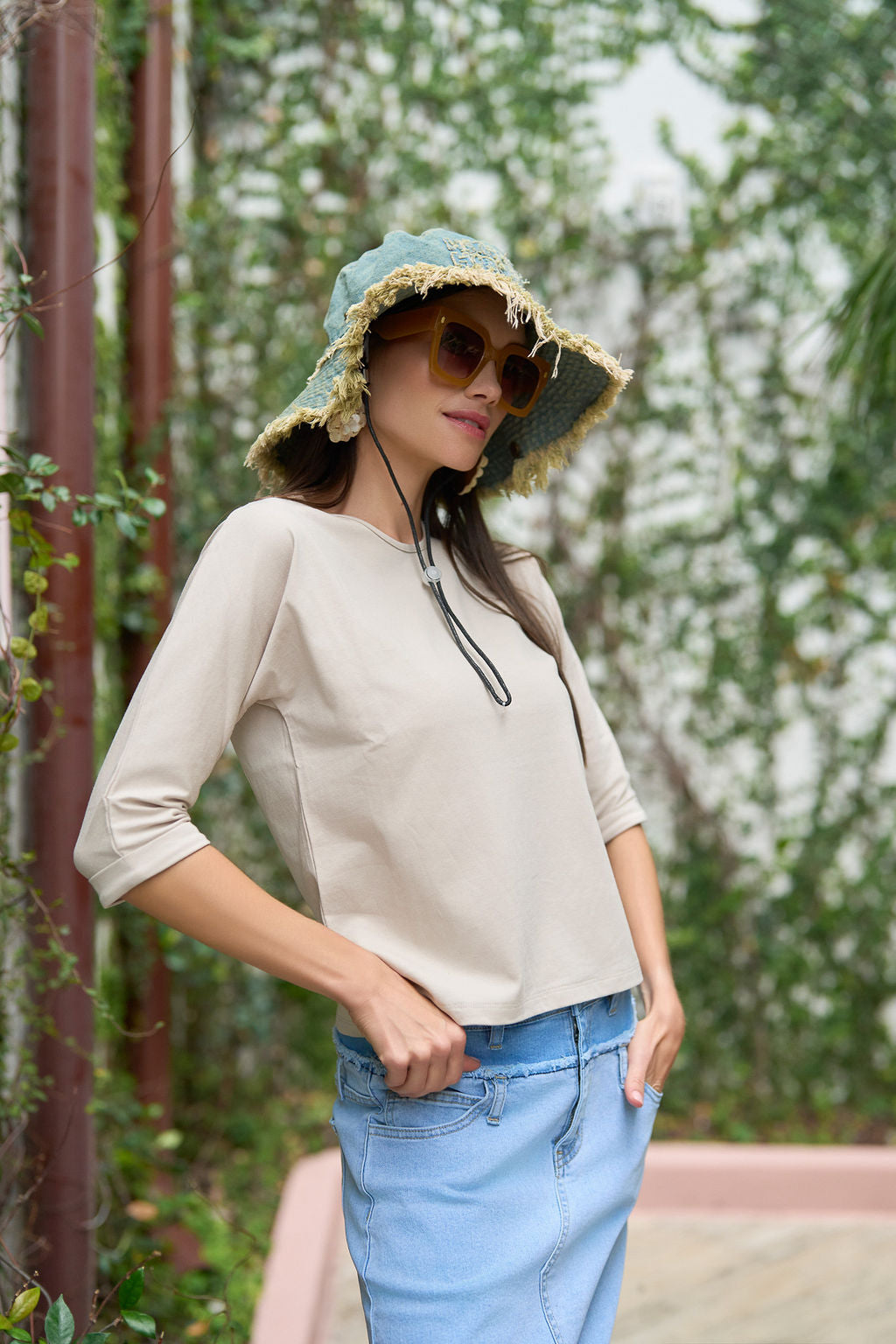 3/4 Sleeve Cotton Tee- Sand