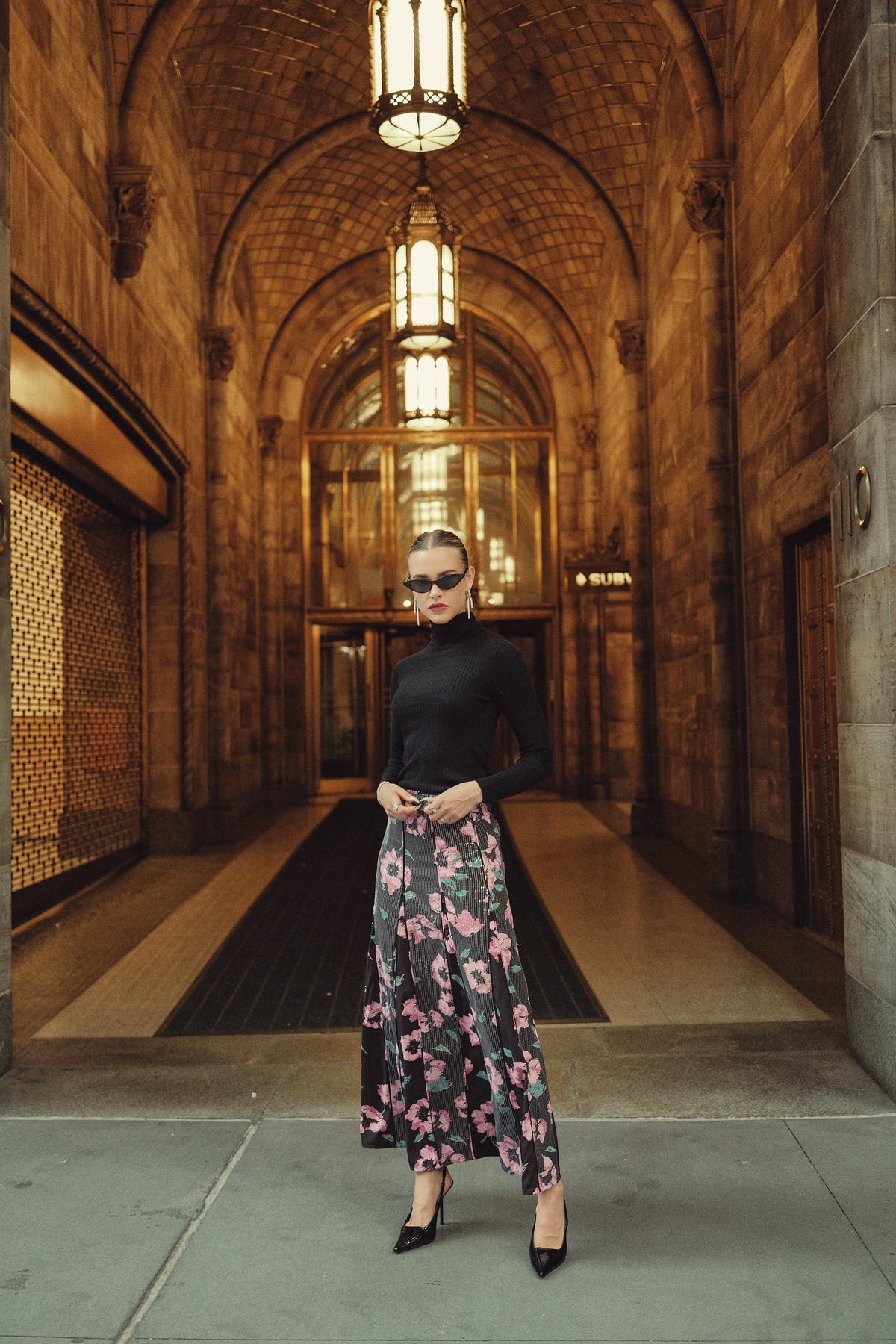 Sequin Panel Skirt Maxi- Pink Blooms on Black