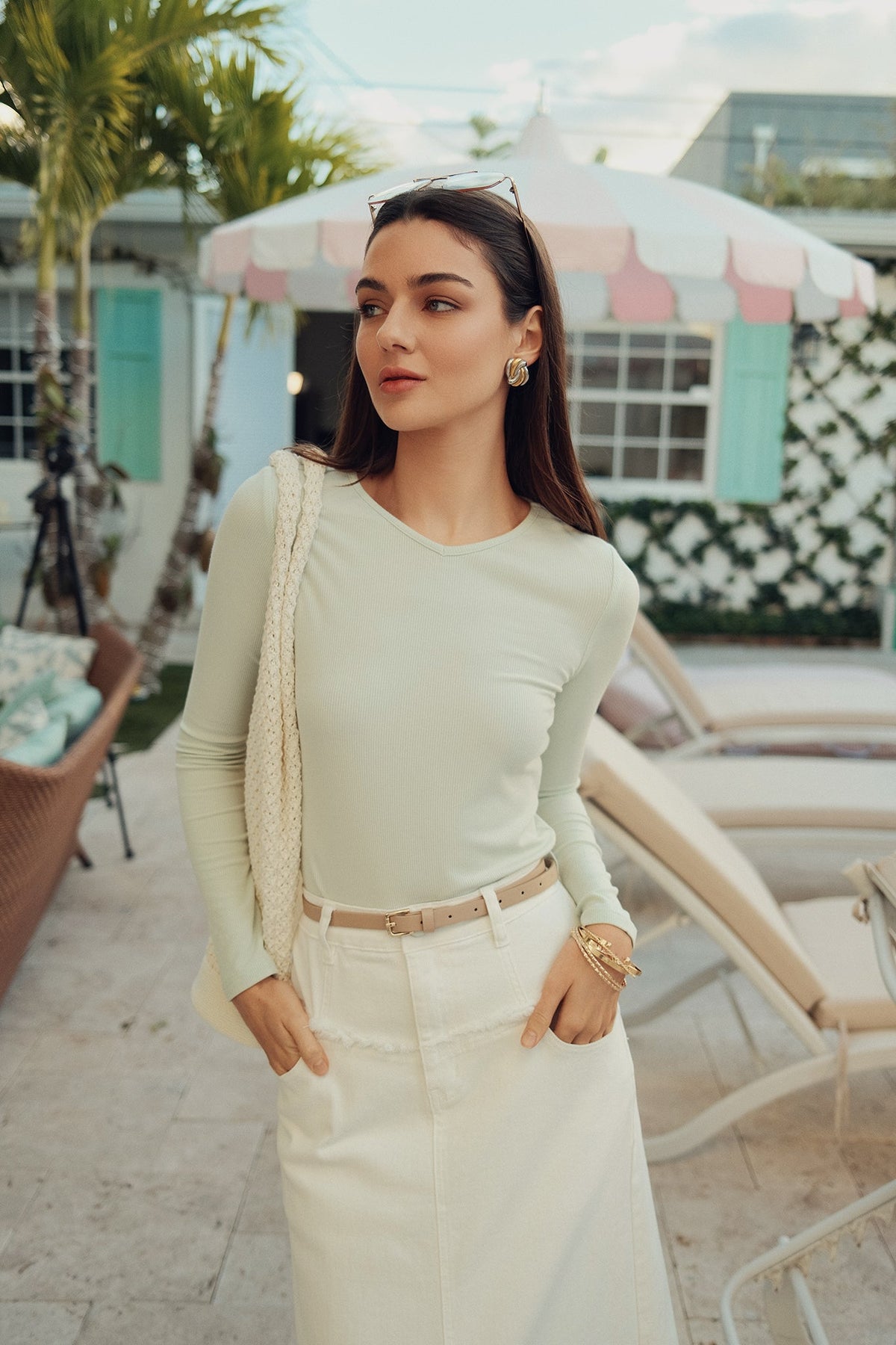 Long Sleeve Ribbed V Neck Tee- Mint