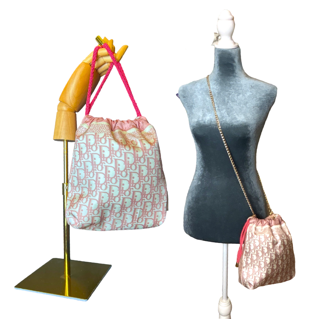 Trotter Pink Vintage Silk Scarf Drawstring Crossbody Bag