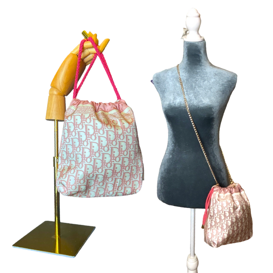 Trotter Pink Vintage Silk Scarf Drawstring Crossbody Bag