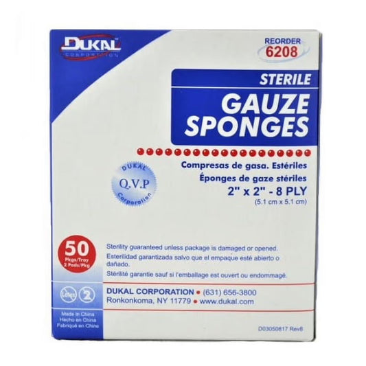 Dukal Sterile Gauze Sponges, 2" x 2", 8-Ply (24 Cases of 50 Packs)