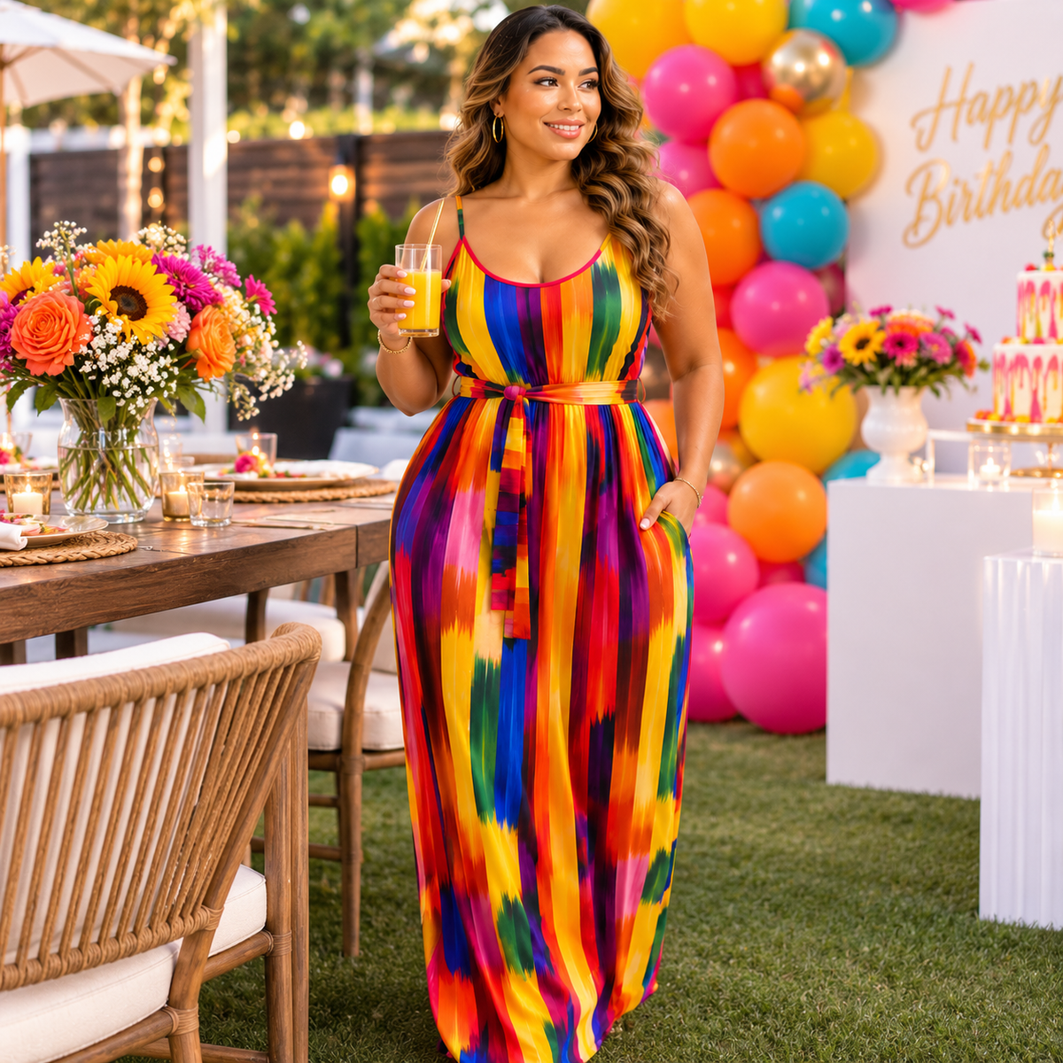 Duma Mbili Sleeveless Striped Maxi Dress with Matching Belt & Pockets