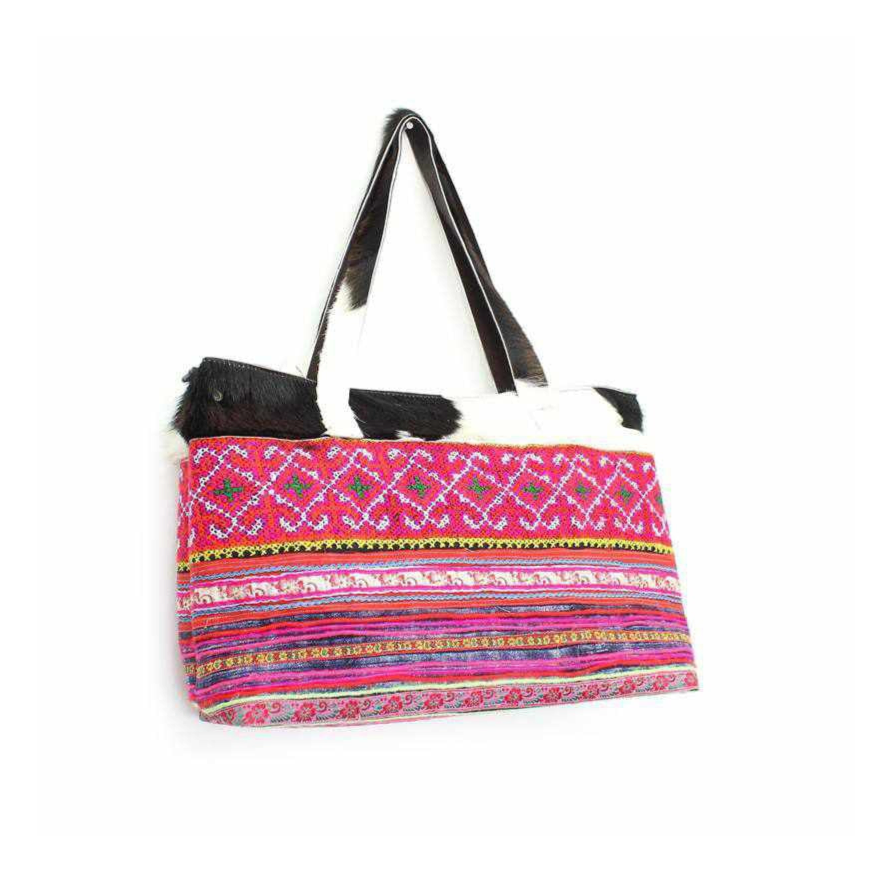 Upcycled Hmong Textile Cowhide One-of-a-kind Leather Tote Purse - Thailand